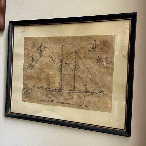 Vintage Antique Framed Blueprint Schooner Elsie Out of Gloucester, Mass. 1910 - Picture 2 of 16